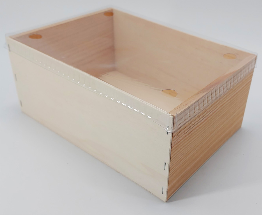 Caja de madera sin tapa de 32*22,6*13,3cm con blister plástico vacía