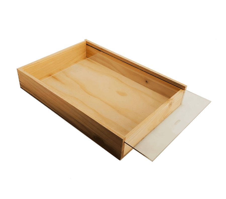 Caja de madera natural 8 con tapa TRANSPARENTE (METACRILATO) 40×28,5×7cm