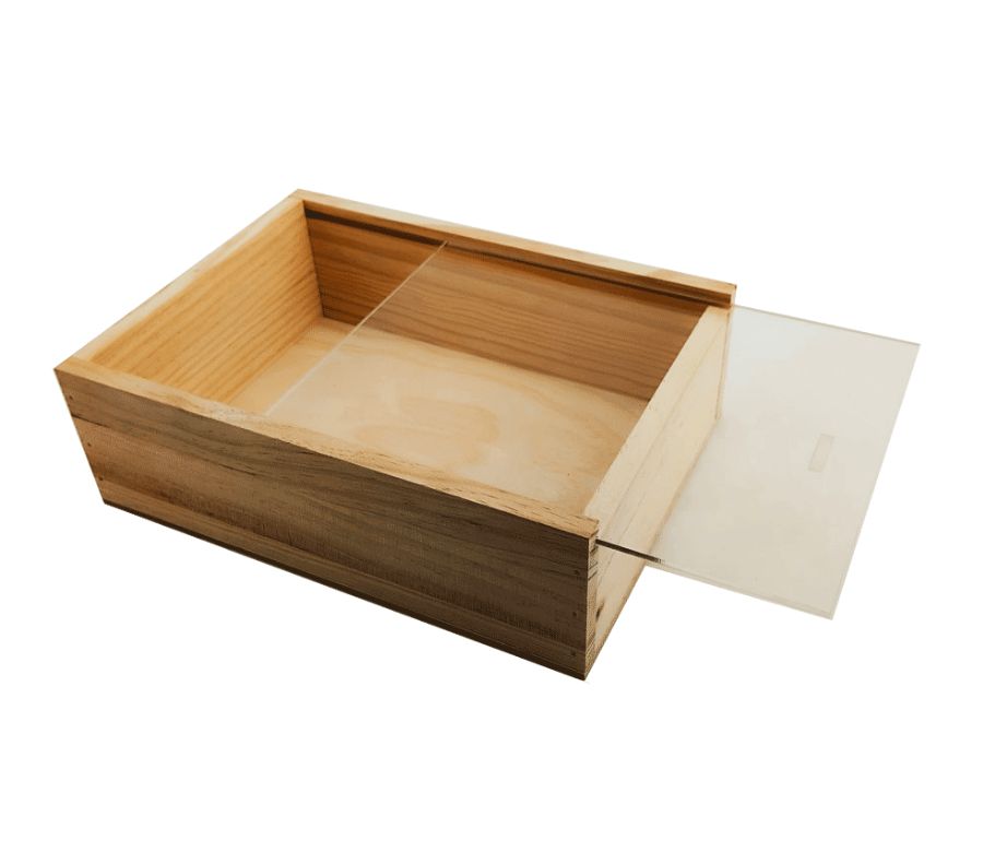 Caja de madera premium 2 con tapa TRANSPARENTE (METACRILATO) 24,5x18x8cm